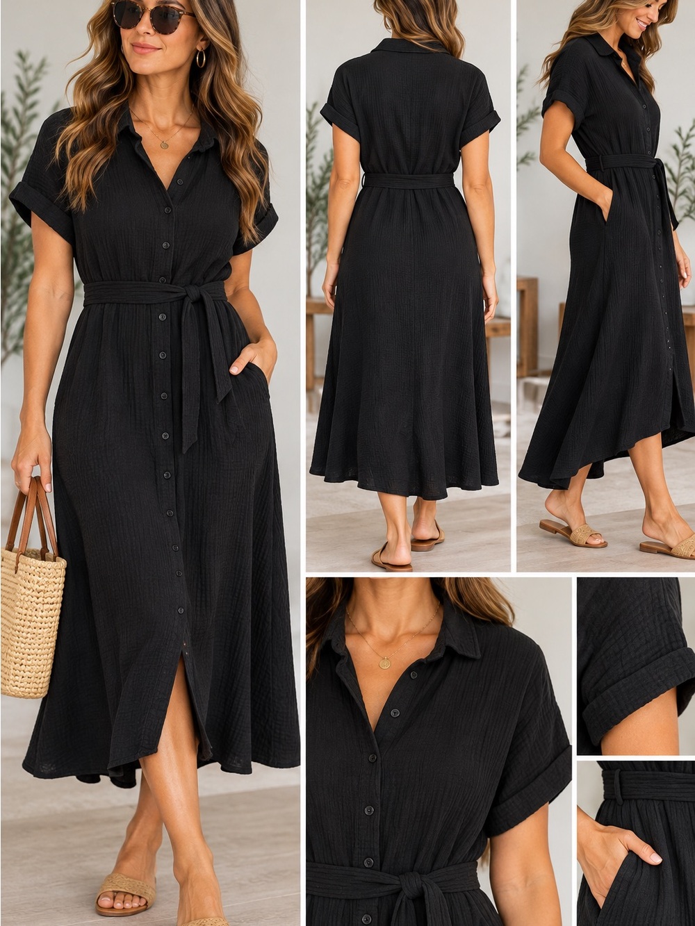 Design 365 Large Black Cotton Gauze Button Front Midi Maxi Shirt Dress